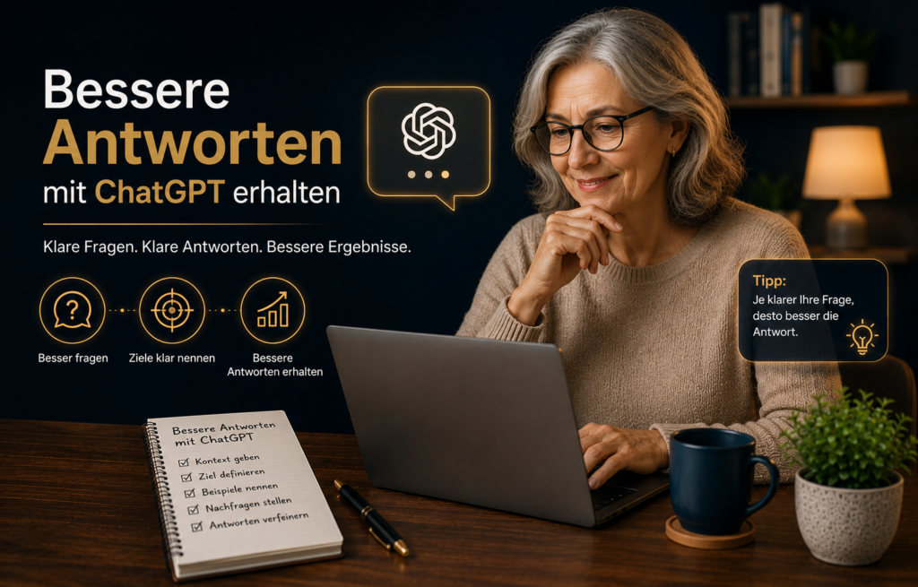 Frau überarbeitet am Laptop eine Antwort von ChatGPT