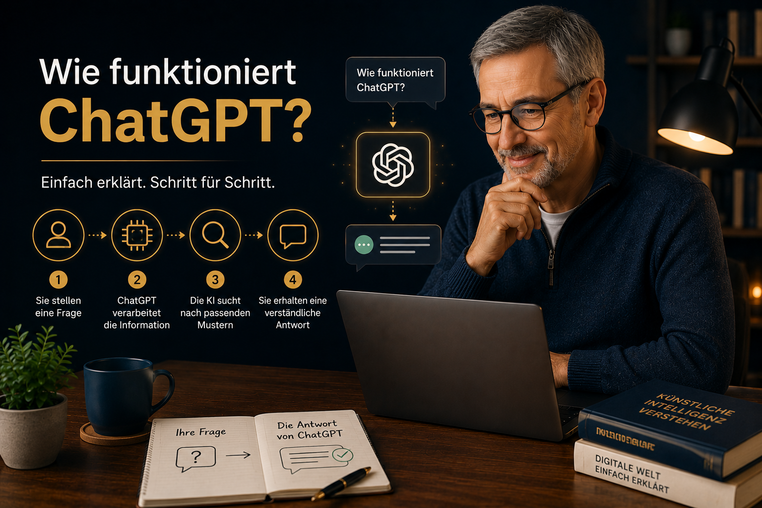 Mann am Laptop vor einer Grafik, die erklärt, wie ChatGPT Fragen verarbeitet und Antworten erstellt