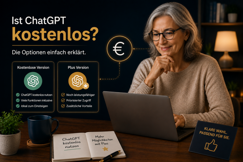 Frau vergleicht am Laptop die kostenlose und kostenpflichtige Version von ChatGPT