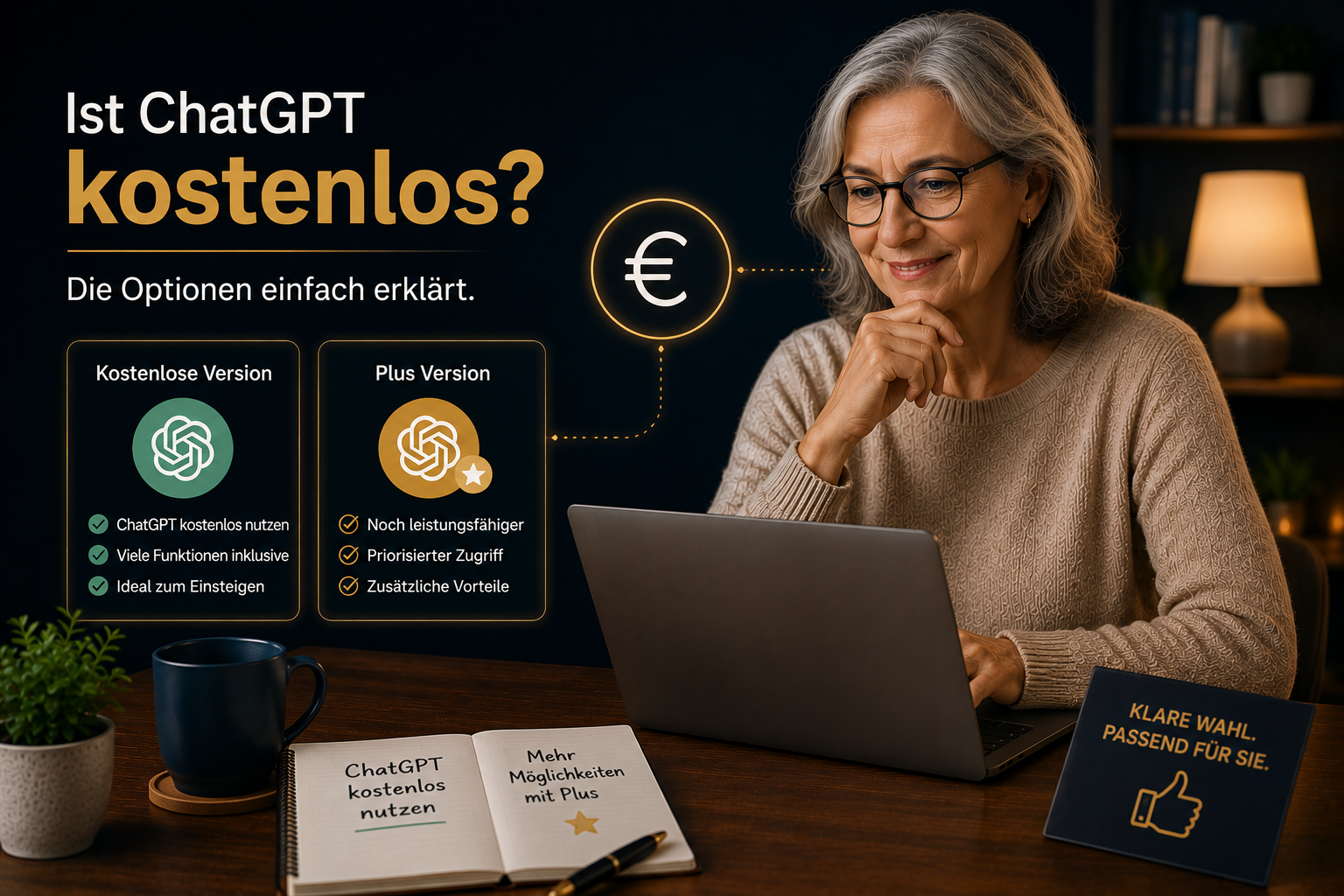 Frau vergleicht am Laptop die kostenlose und kostenpflichtige Version von ChatGPT