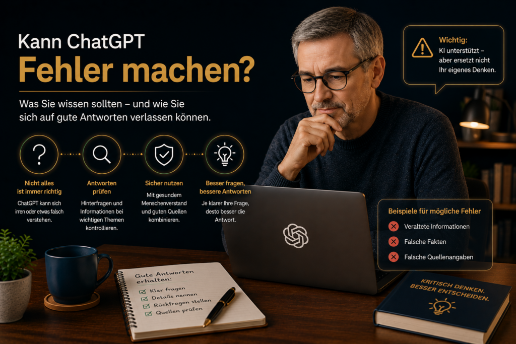 Mann prüft am Laptop mögliche Fehler in einer ChatGPT-Antwort