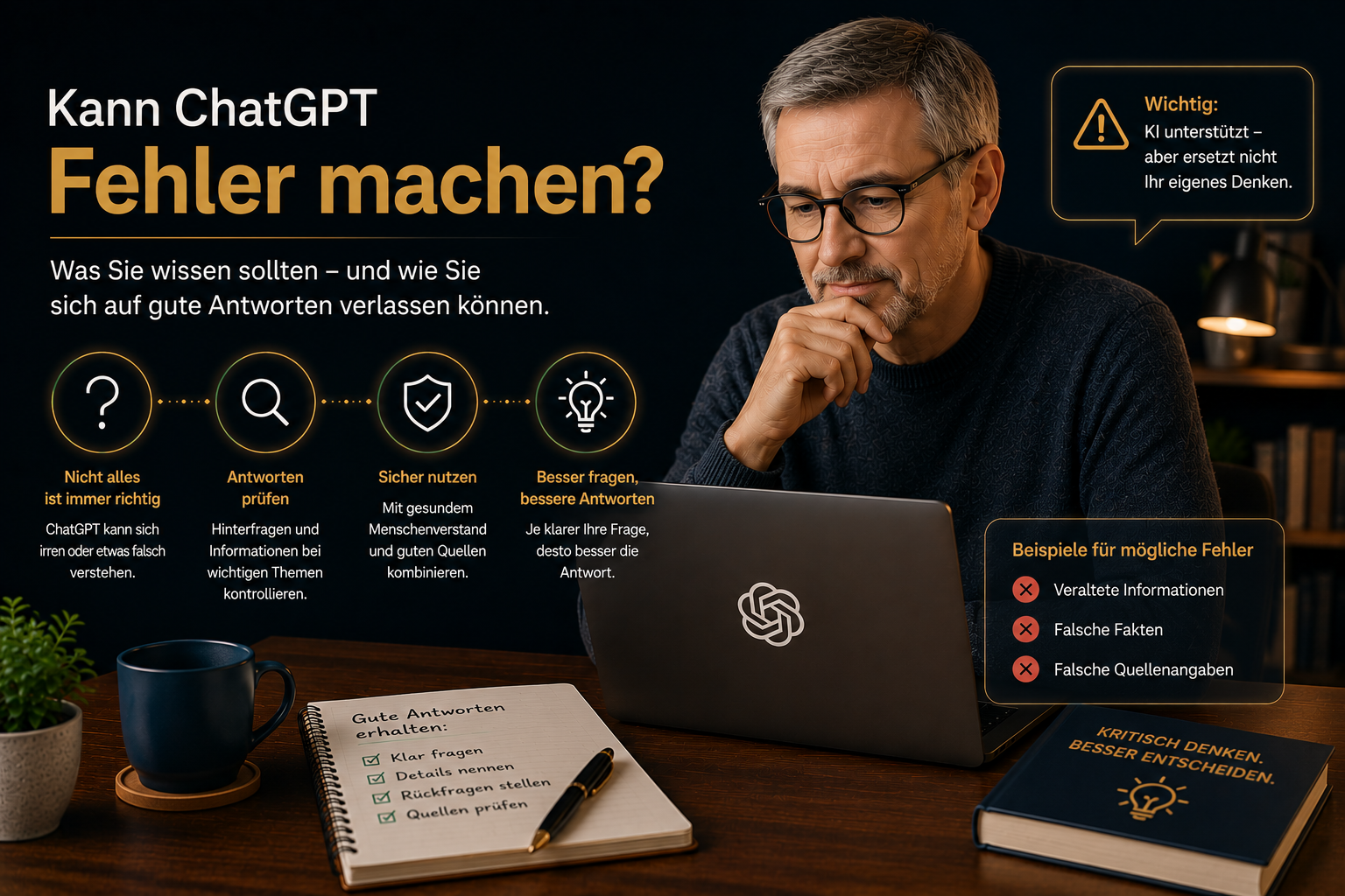 Mann prüft am Laptop mögliche Fehler in einer ChatGPT-Antwort