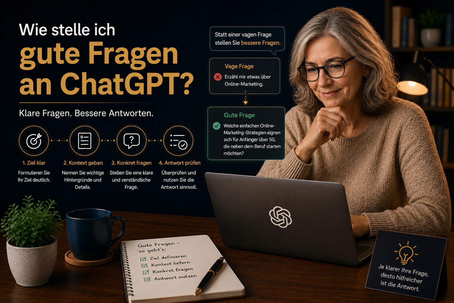 Frau formuliert am Laptop eine gute Frage an ChatGPT