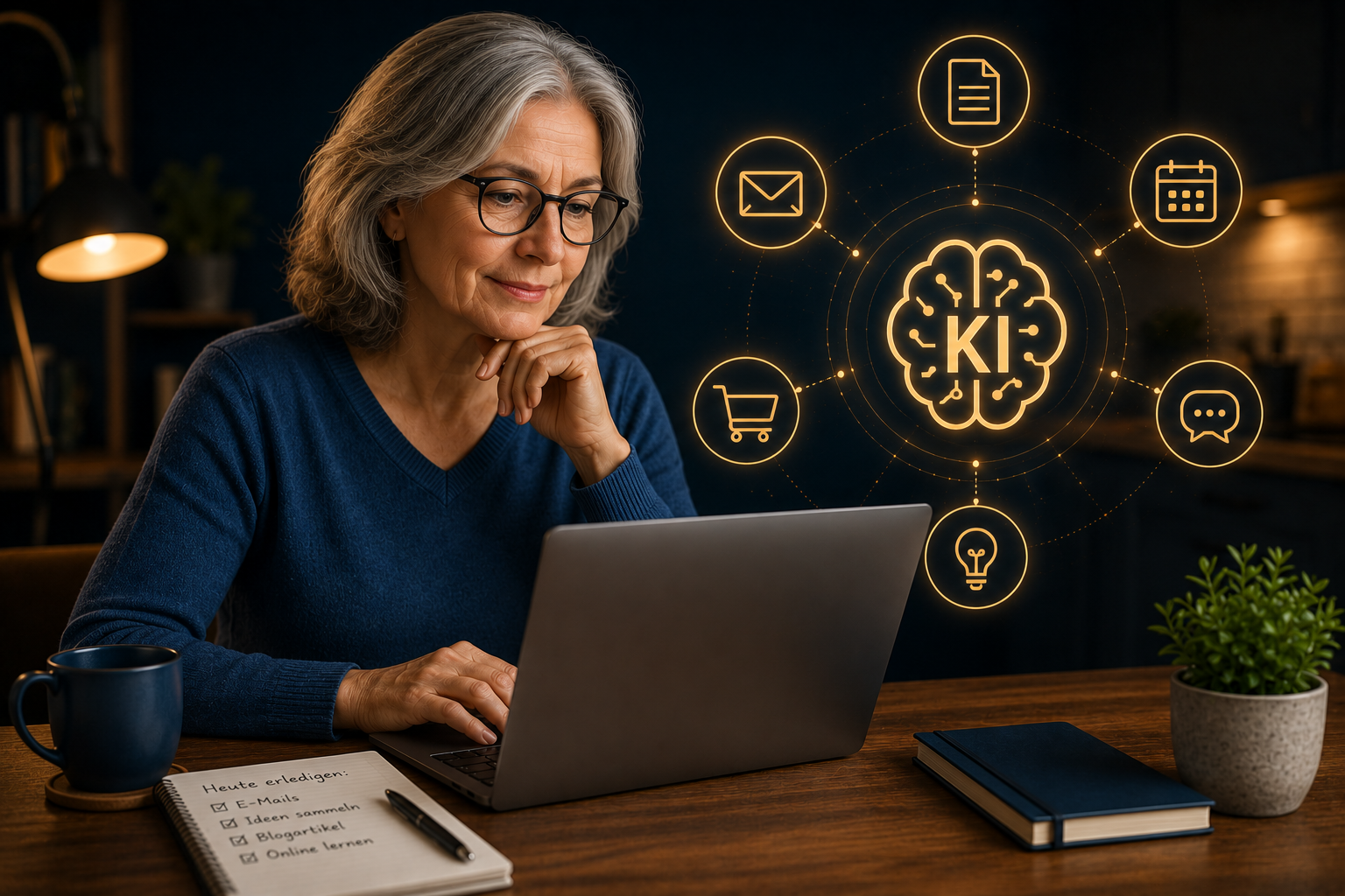 Frau über 50 nutzt künstliche Intelligenz am Laptop für verschiedene Aufgaben im Alltag
