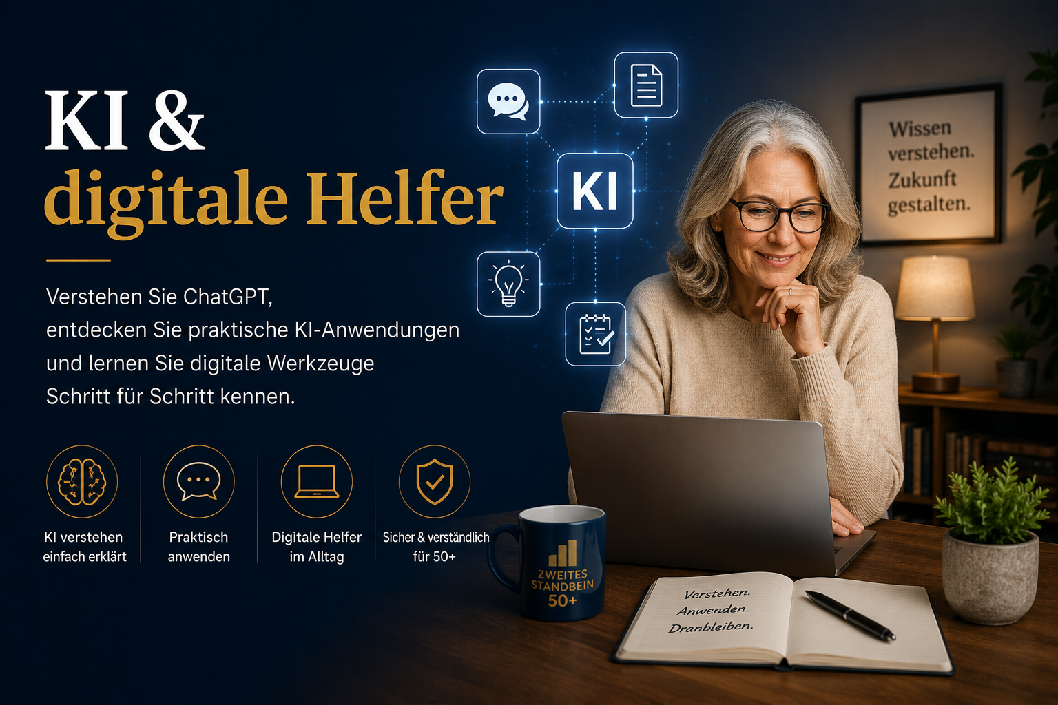 Frau über 50 arbeitet am Laptop mit künstlicher Intelligenz und digitalen Helfern
