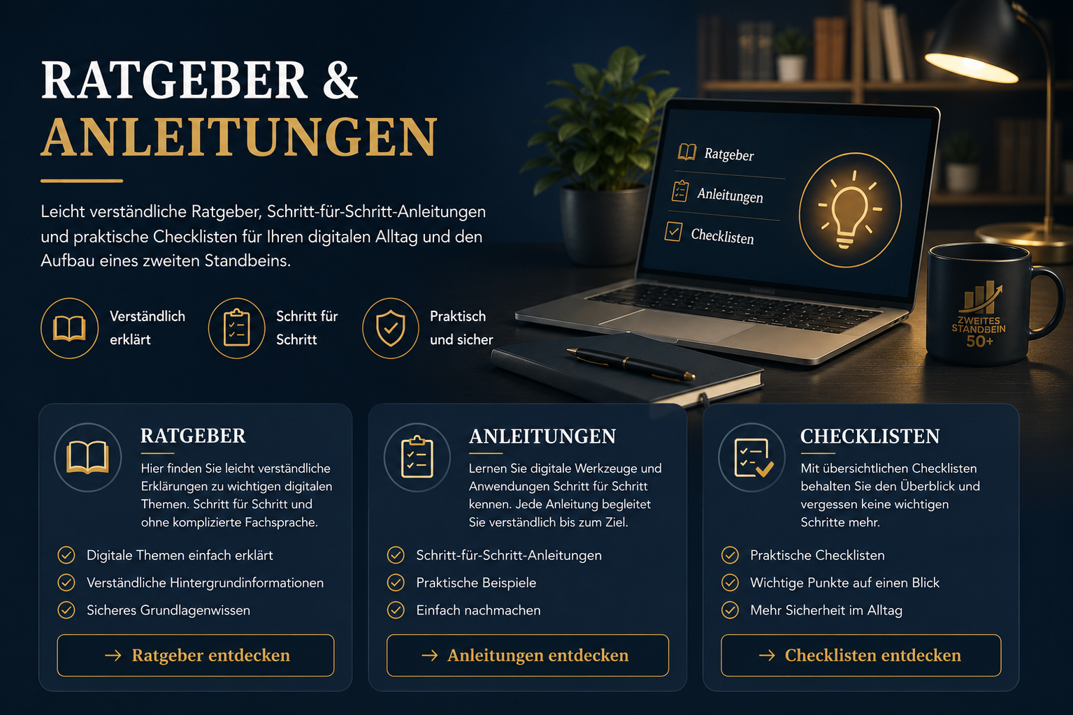 Laptop mit Symbolen für Ratgeber, Anleitungen und Checklisten zu digitalen Themen