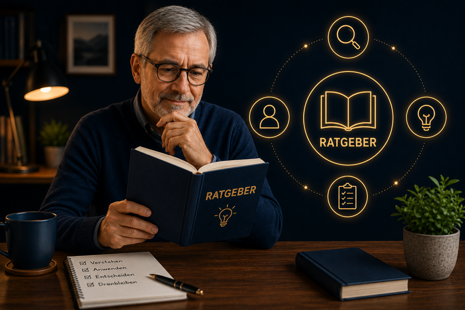 Mann über 50 liest einen Ratgeber für den digitalen Alltag
