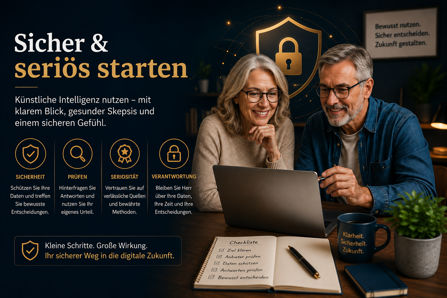 Frau und Mann über 50 informieren sich am Laptop über sicheres Verhalten im Internet