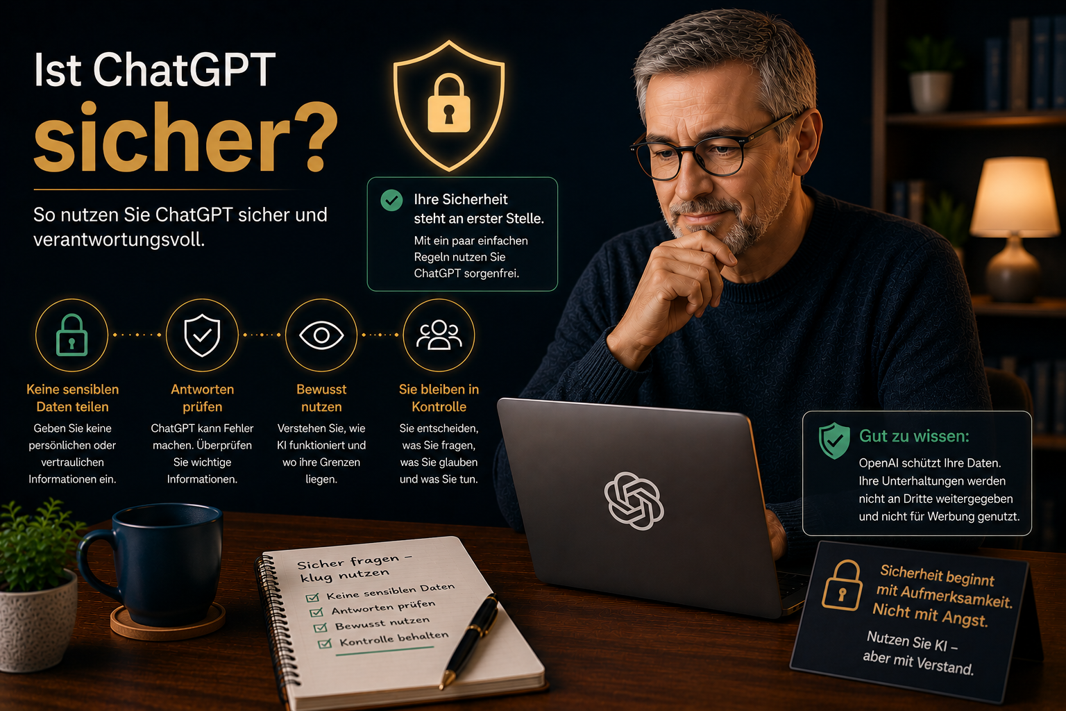 Mann prüft die Sicherheit und den Datenschutz bei ChatGPT