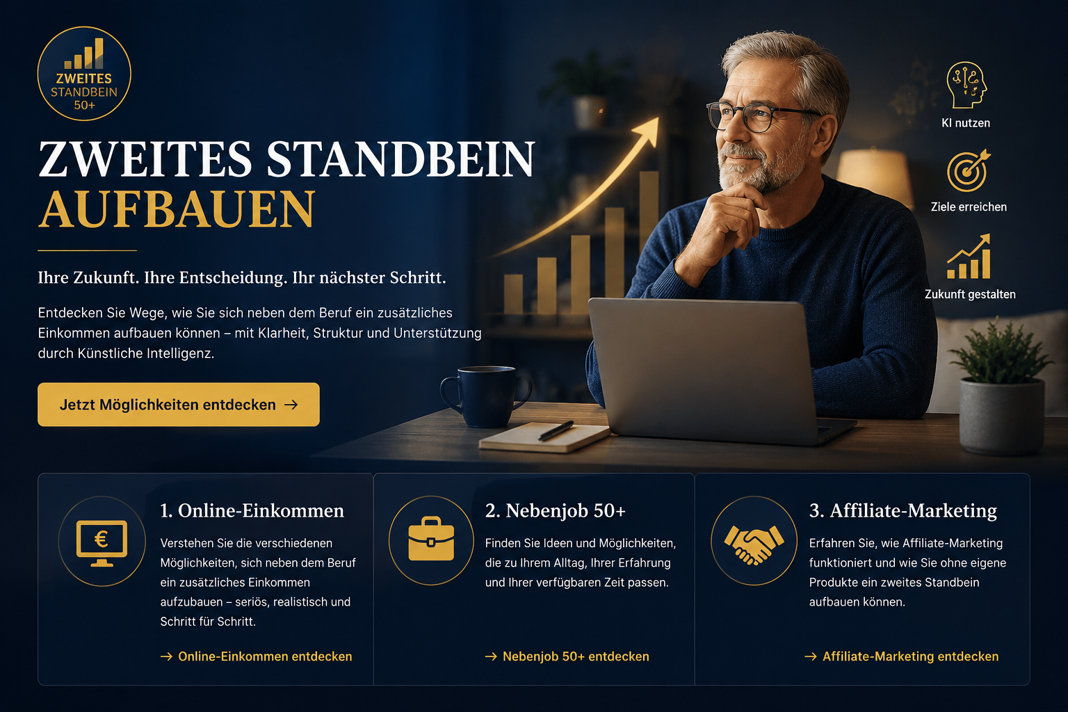 Mann über 50 plant am Laptop den Aufbau eines zweiten Standbeins
